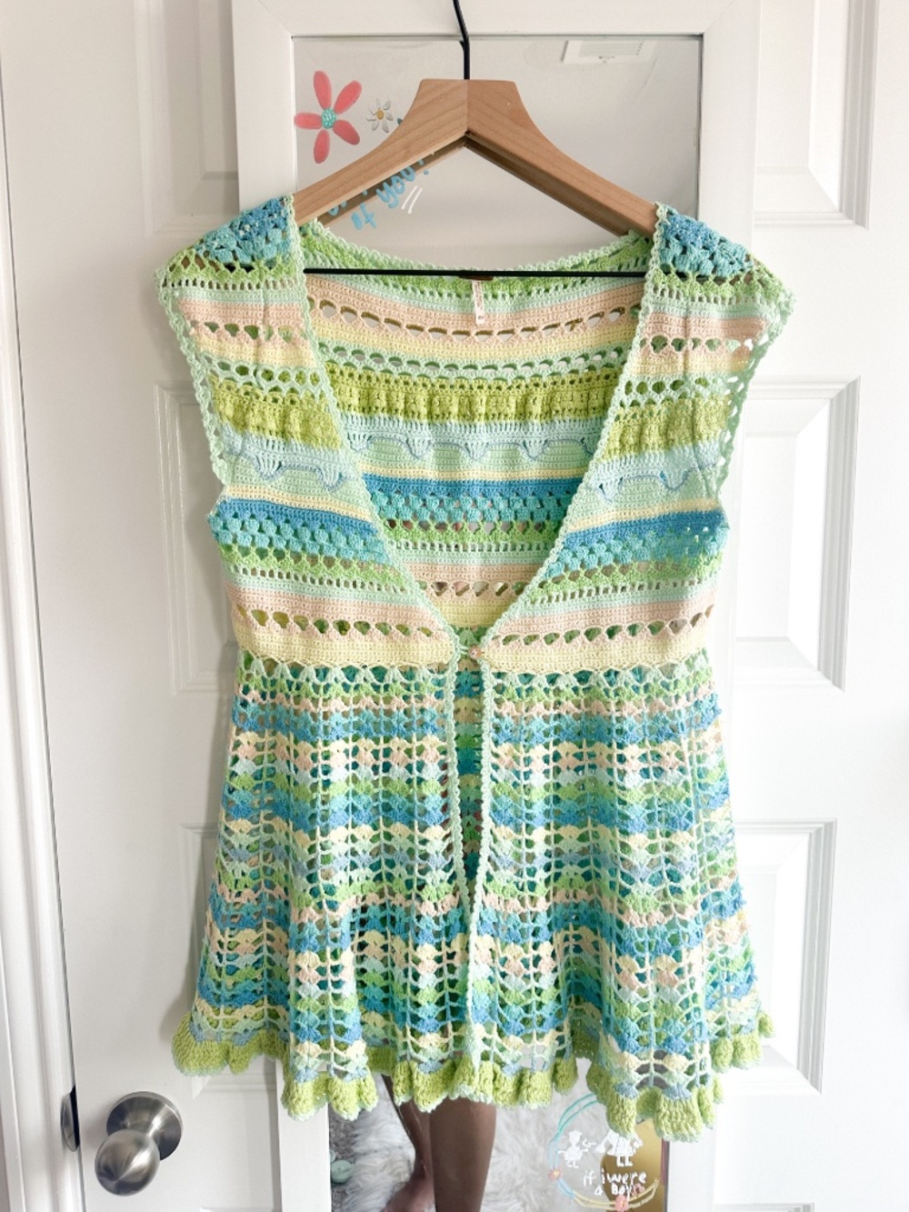 Free People Size M Pastel Striped Open Knit Crochet Peplum Vest Top